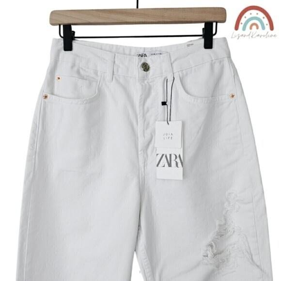 New! Zara High Rise Straight Leg Distressed Button Fly Rigid White Jeans - Picture 5 of 14